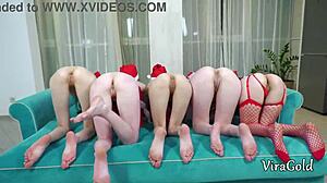 懒跨年夜变狂野5男1女群P，娇小18+少女屁股颜射高潮