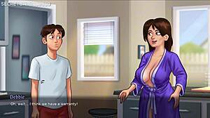 Stepsis Jenny strokes his huge cock with best handjob till he cums on her hand in Summertime Saga game